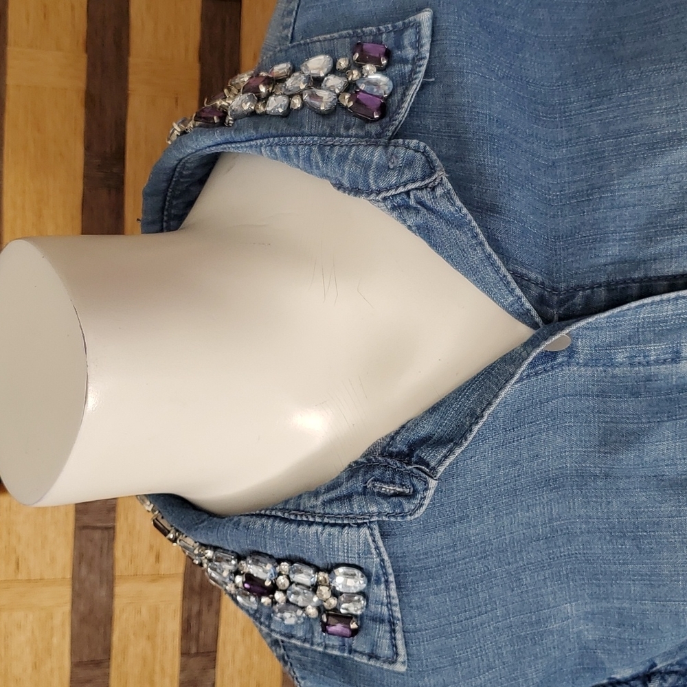 Reba Light Blue Denim Button-Down Shirt with Jeweled Collar